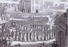 Gravado francés dunha procesión de peregrinos en Compostela.