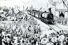 Gravado da chegada da primeira locomotora a Ourense